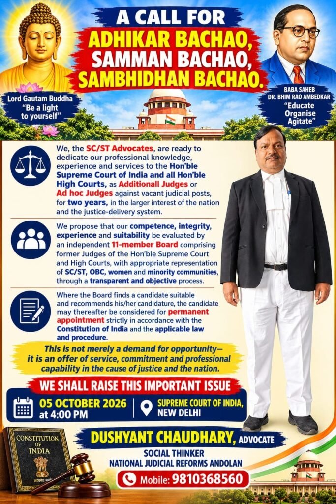 SC/ST अधिवक्ताओं की न्यायिक नियुक्तियों से जुड़े प्रस्ताव और 5 अक्टूबर 2026 को सुप्रीम कोर्ट, नई दिल्ली में प्रस्तावित कार्यक्रम का पोस्टर